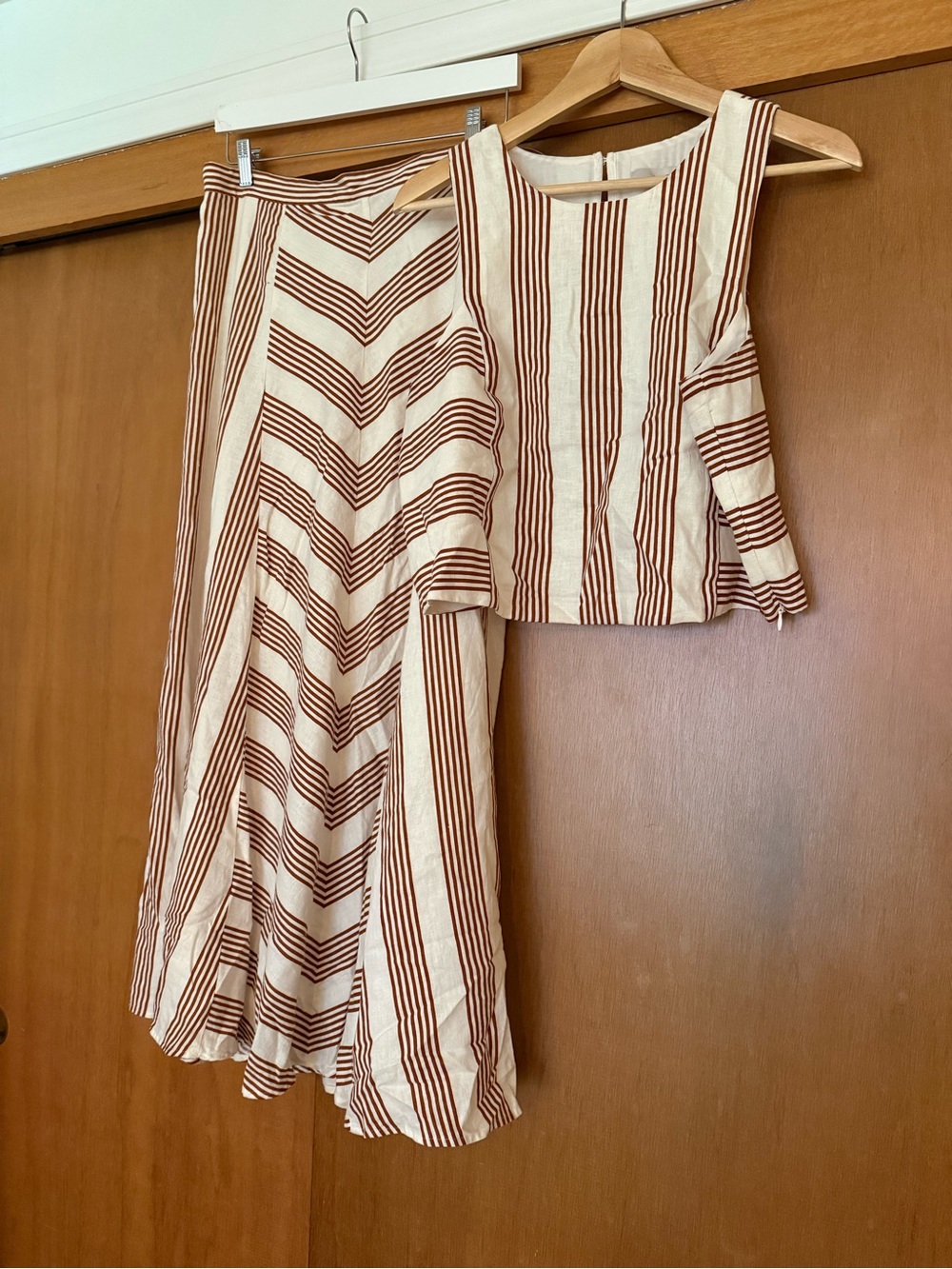 LOFT Cream and Brown Striped A-Line Maxi Skirt with Matching Sleeveless Top